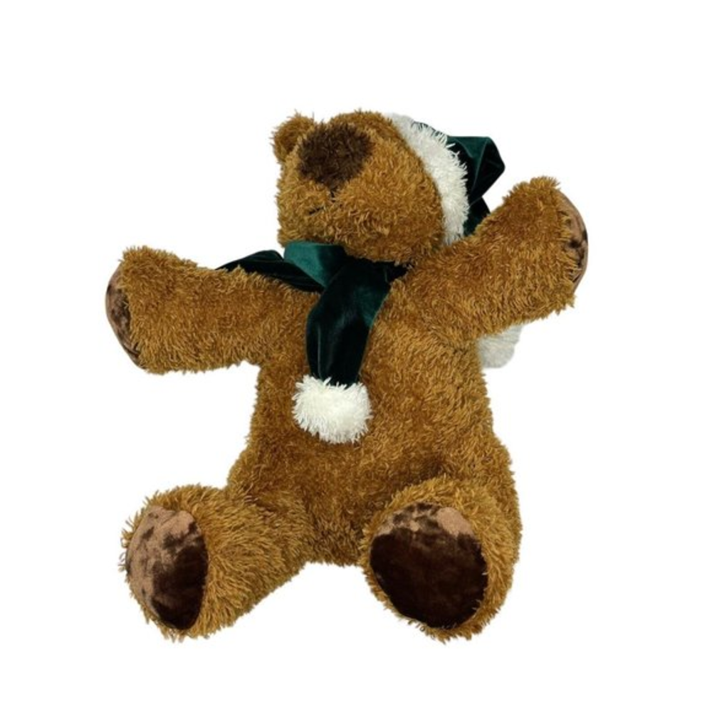 Kurt S Adler Sparkly 10" Brown Bear Stuffed Plush with Green Santa Hat and Scarf